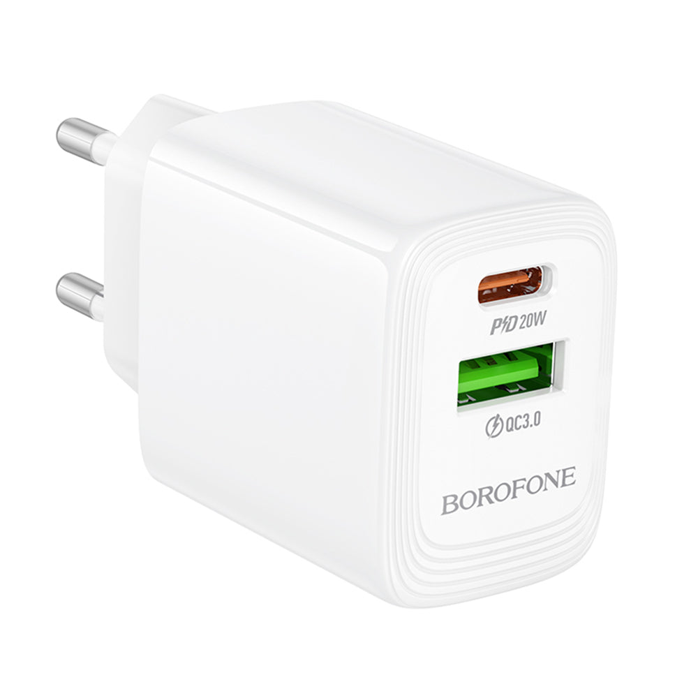 Incarcator Retea Borofone BN27 Fuente, 20W, 3A, 1 x USB-A - 1 x USB-C, Alb