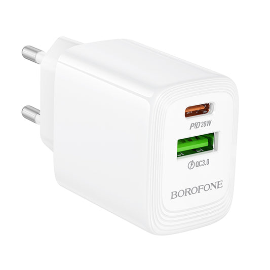 Incarcator Retea Borofone BN27 Fuente, 20W, 3A, 1 x USB-A - 1 x USB-C, Alb