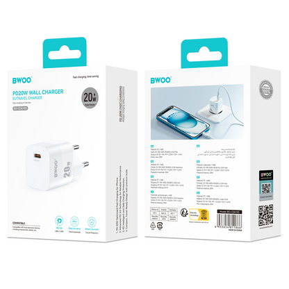 Incarcator Retea BWOO CDA155, 20W, 3A, 1 x USB-C, Alb