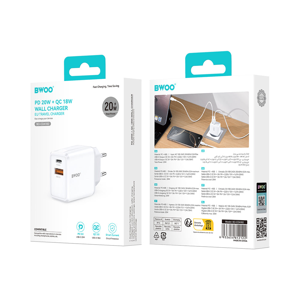 Incarcator Retea BWOO CDA182, 38W, 3A, 1 x USB-A - 1 x USB-C, Alb