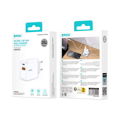 Incarcator Retea BWOO CDA182, 38W, 3A, 1 x USB-A - 1 x USB-C, Alb