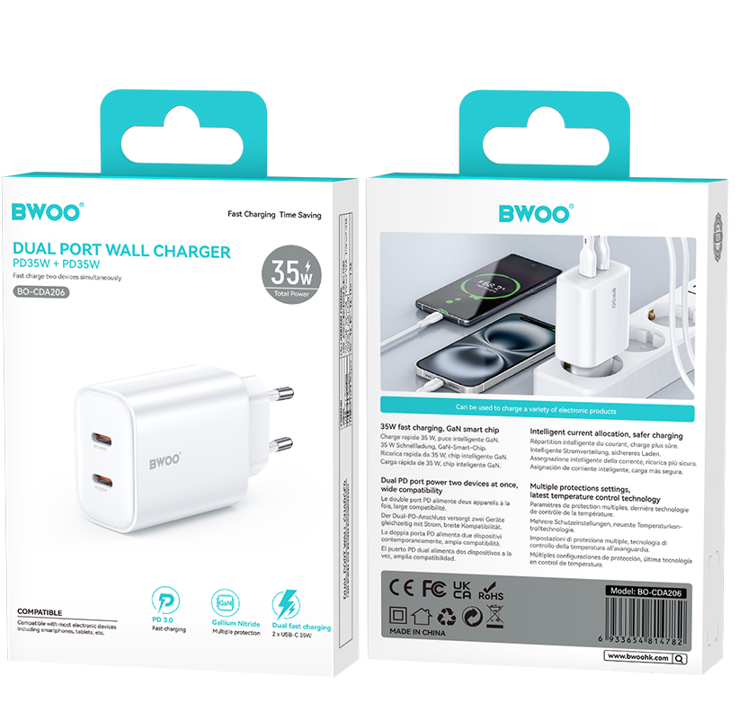 Incarcator Retea BWOO CDA206, 35W, 3A, 2 x USB-C, Alb