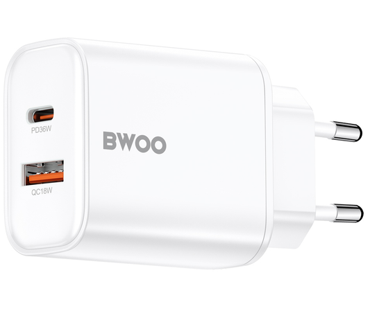 Incarcator Retea BWOO CDA207, 36W, 3A, 1 x USB-A - 1 x USB-C, Alb