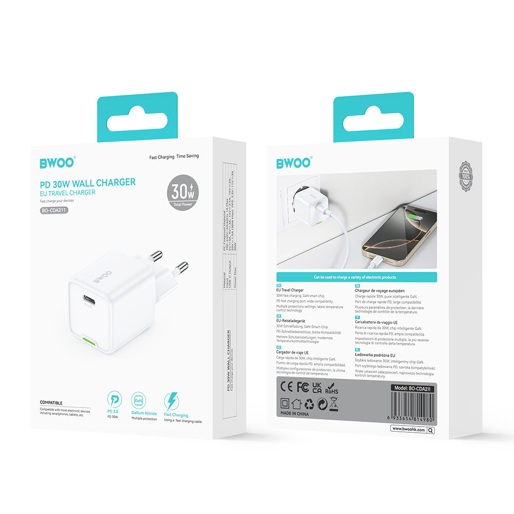 Incarcator Retea BWOO CDA211, 30W, 3A, 1 x USB-C, Alb