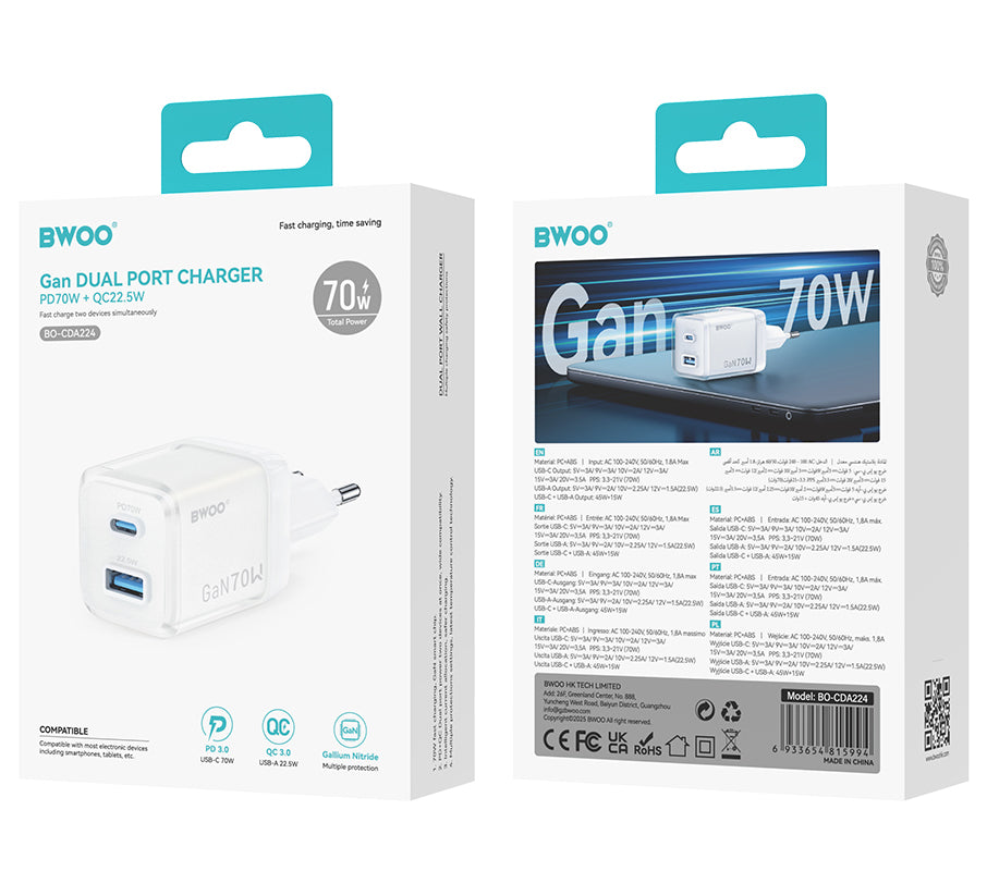 Incarcator Retea BWOO CDA224, 70W, 3.25A, 1 x USB-A - 1 x USB-C, Alb