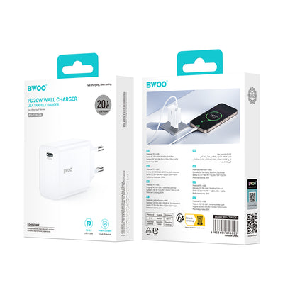 Incarcator Retea BWOO CDA226, 20W, 3A, 1 x USB-C, Alb