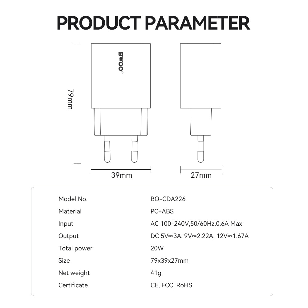 Incarcator Retea BWOO CDA226, 20W, 3A, 1 x USB-C, Alb