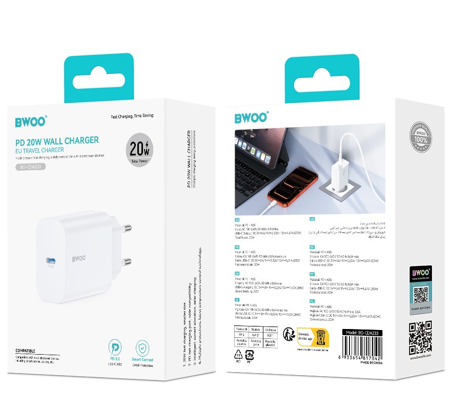 Incarcator Retea BWOO CDA233, 20W, 3A, 1 x USB-C, Alb