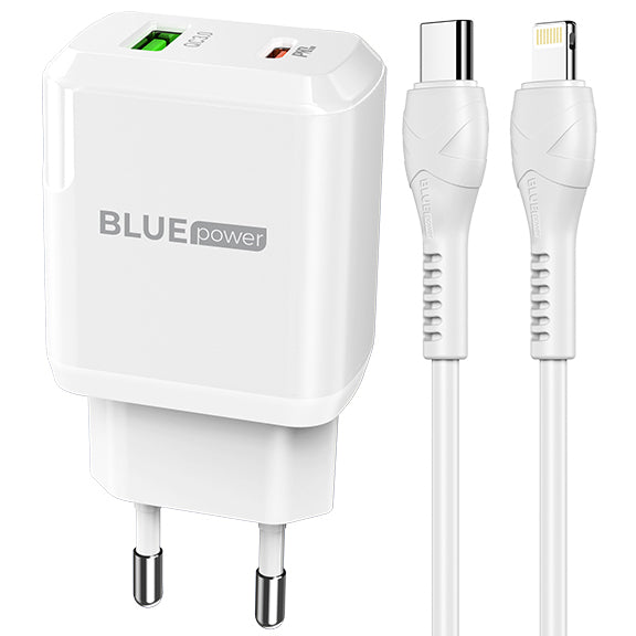 Incarcator Retea cu Cablu Lightning BLUE Power BLN5, 20W, 3A, 1 x USB-A - 1 x USB-C, Alb