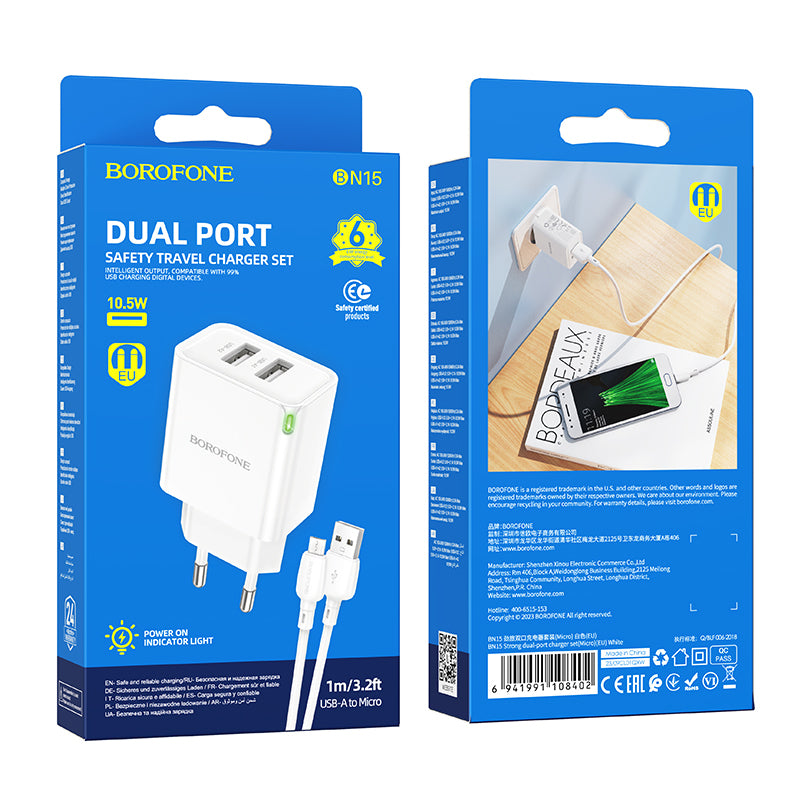 Ładowarka sieciowa z kablem microUSB Borofone BN15 Strong, 10,5 W, 2,1 A, 2 x USB-A, biała 