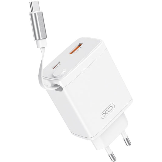 Incarcator Retea Cu Cablu USB-C XO Design CE31, 30W, 3A, 1 x USB-A - 1 x USB-C, Alb