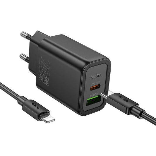 Incarcator Retea Cu Cablu USB-C HOCO N61, 20W, 3A, 1 x USB-A - 1 x USB-C, Negru
