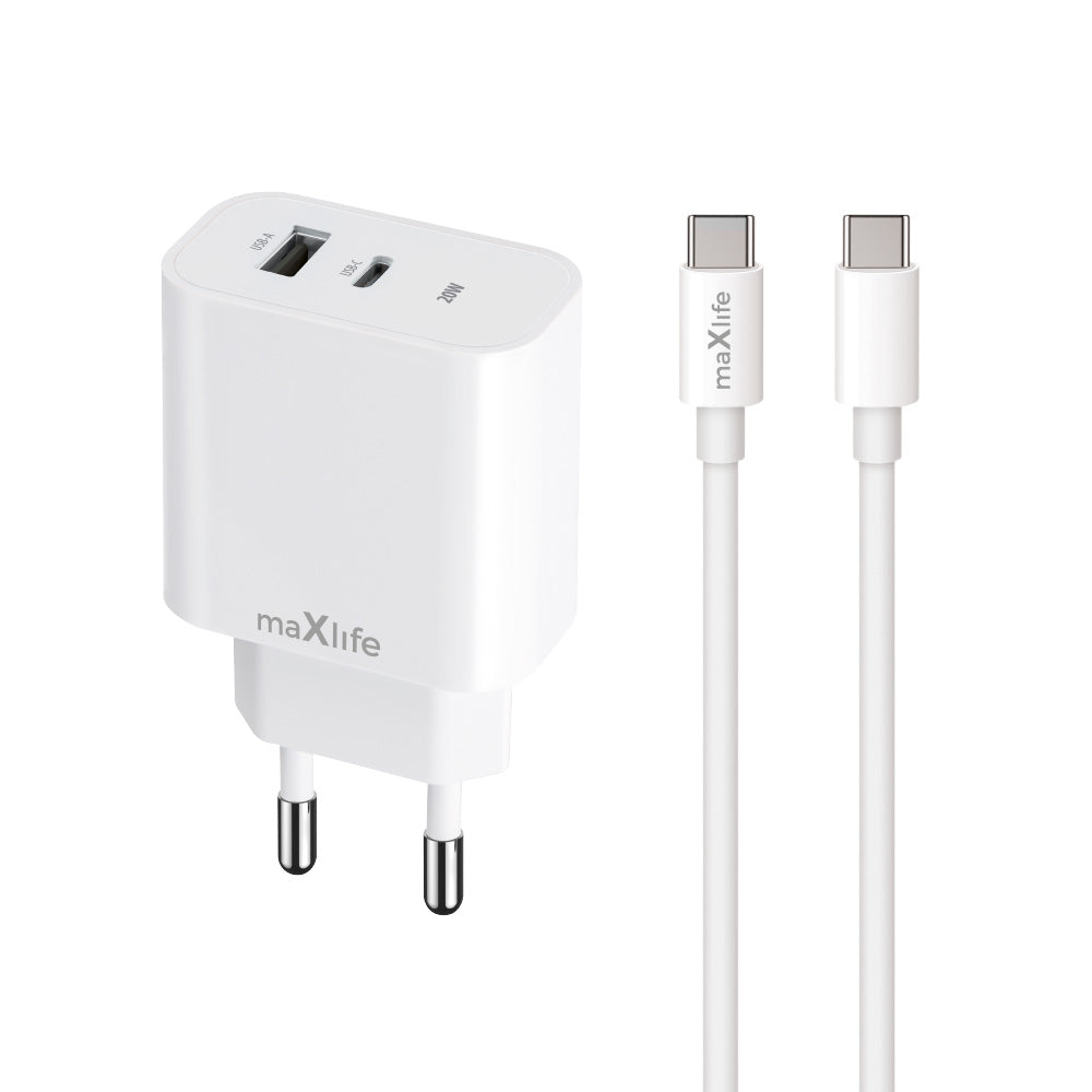 Incarcator Retea Cu Cablu USB-C MaXlife MXTC-06-20AC, 20W, 3A, 1 x USB-A - 1 x USB-C, Alb