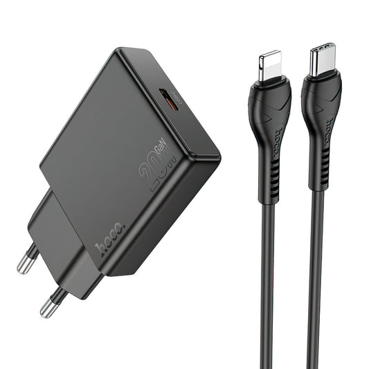 Incarcator Retea Cu Cablu Lightning HOCO N37, 30W, 3A, 1 x USB-C, Negru