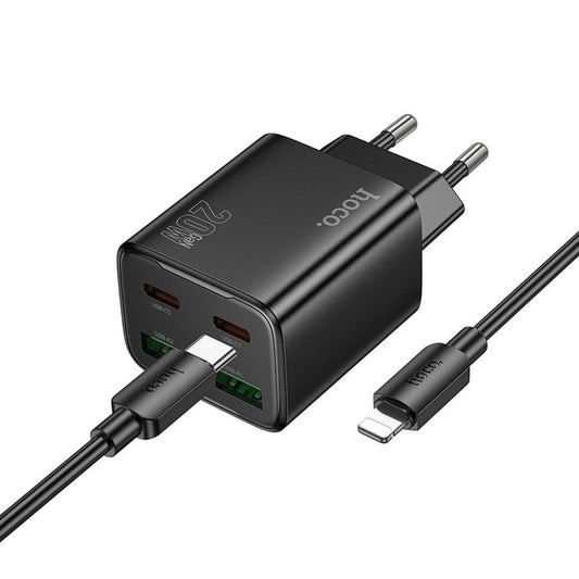 Incarcator Retea Cu Cablu Lightning HOCO N55, 20W, 3A, 2 x USB-A - 2 x USB-C, Negru