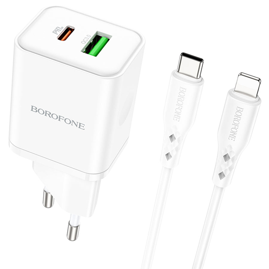 Incarcator Retea Cu Cablu Lightning Borofone BN7, 20W, 3A, 1 x USB-A - 1 x USB-C, Alb