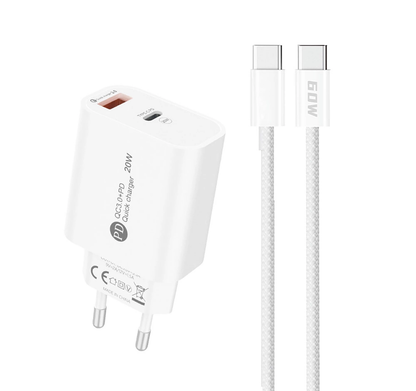 Incarcator Retea Cu Cablu USB-C A6MaxL, 20W, 3A, 1 x USB-A - 1 x USB-C, Alb