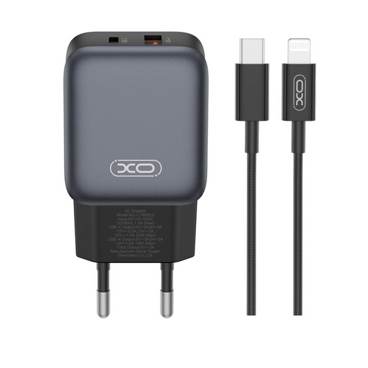Incarcator Retea Cu Cablu Lightning XO Design L156, 30W, 3A, 1 x USB-A - 1 x USB-C, Negru