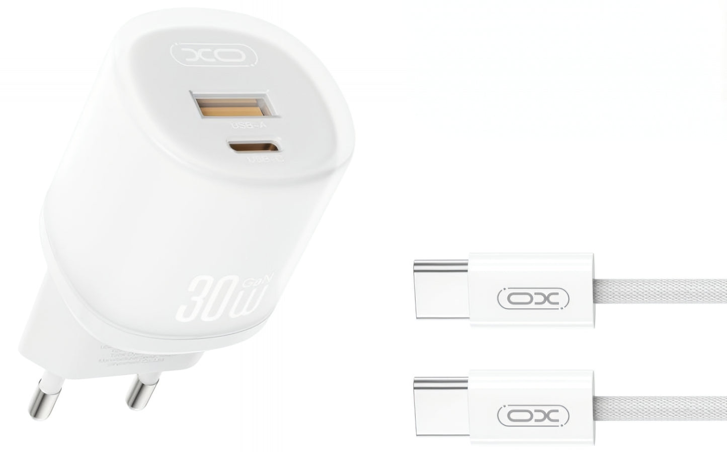 Incarcator Retea Cu Cablu USB-C XO Design L151, 30W, 3A, 1 x USB-A - 1 x USB-C, Alb