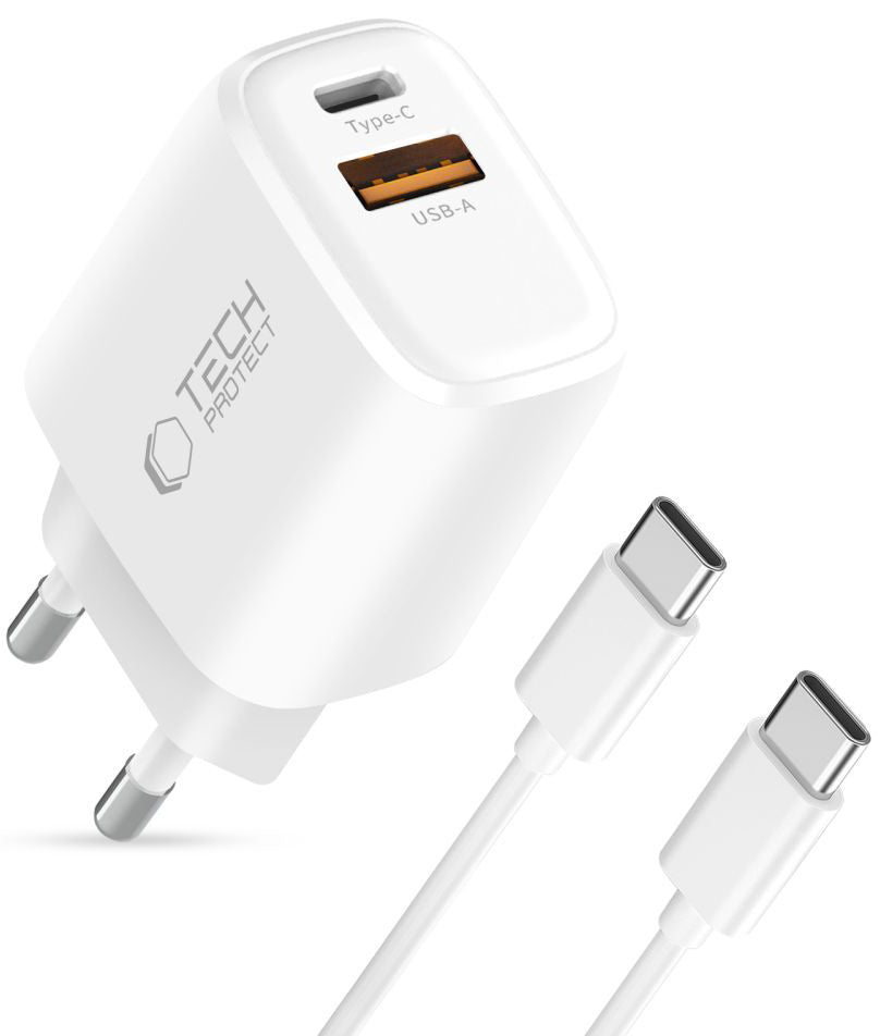 Incarcator Retea Cu Cablu USB-C Tech-Protect NCA45W, 45W, 3A, 1 x USB-A - 1 x USB-C, Alb