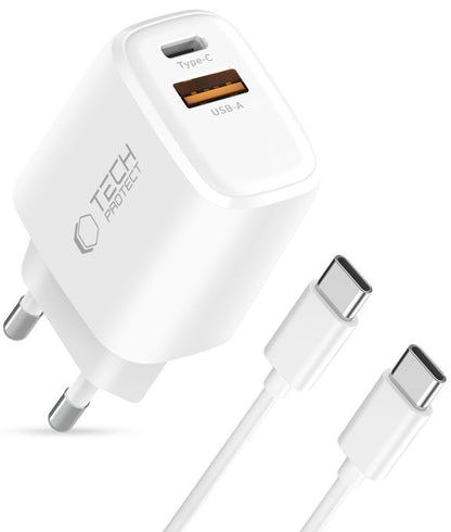 Incarcator Retea Cu Cablu USB-C Tech-Protect NCA45W, 45W, 3A, 1 x USB-A - 1 x USB-C, Alb
