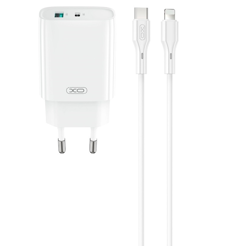Incarcator Retea Cu Cablu Lightning XO Design CE30, 30W, 3A, 1 x USB-A - 1 x USB-C, Alb