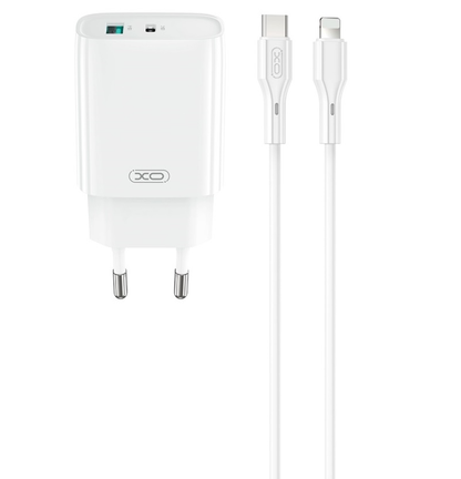 Incarcator Retea Cu Cablu Lightning XO Design CE30, 30W, 3A, 1 x USB-A - 1 x USB-C, Alb