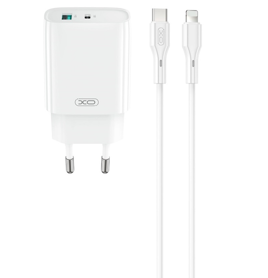 Incarcator Retea Cu Cablu Lightning XO Design CE30, 30W, 3A, 1 x USB-A - 1 x USB-C, Alb