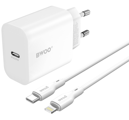 Incarcator Retea Cu Cablu Lightning BWOO CDA233, 20W, 3A, 1 x USB-C, Alb