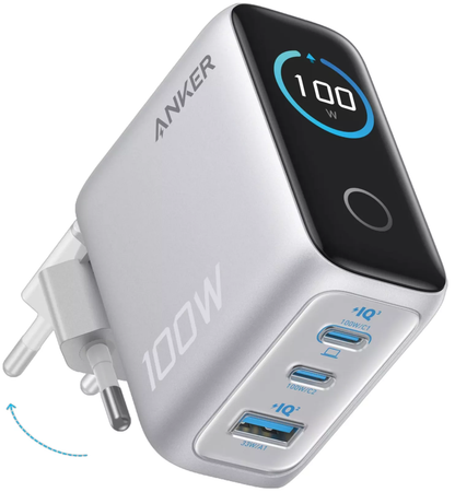 Incarcator Retea Cu Cablu USB-C Anker Smart Display, 100W, 5A, 1 x USB-A - 2 x USB-C, Argintiu B121BG41