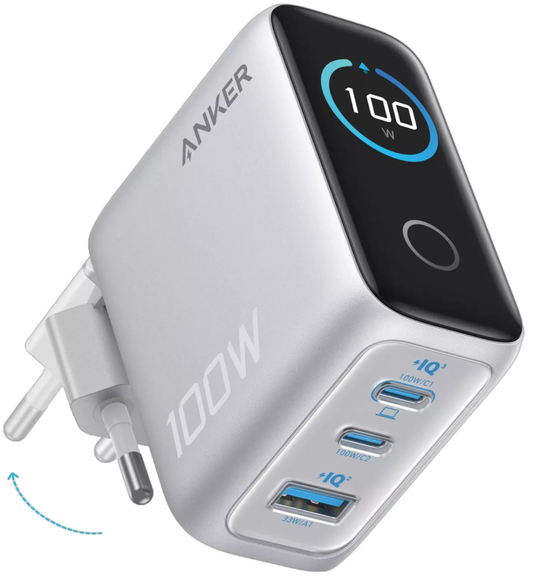 Incarcator Retea Cu Cablu USB-C Anker Smart Display, 100W, 5A, 1 x USB-A - 2 x USB-C, Argintiu B121BG41