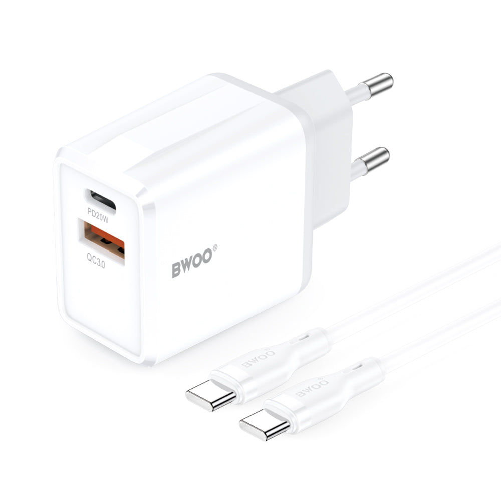 Incarcator Retea Cu Cablu USB-C BWOO CDA182, 38W, 3A, 1 x USB-A - 1 x USB-C, Alb