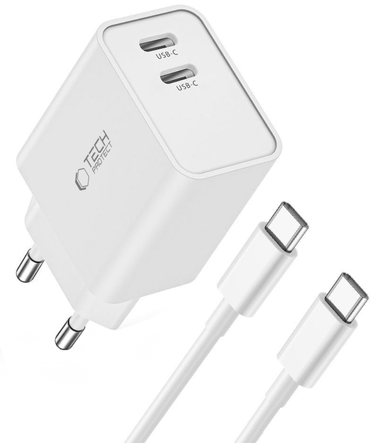 Incarcator Retea Cu Cablu USB-C Tech-Protect C35W, 35W, 3A, 2 x USB-C, Alb