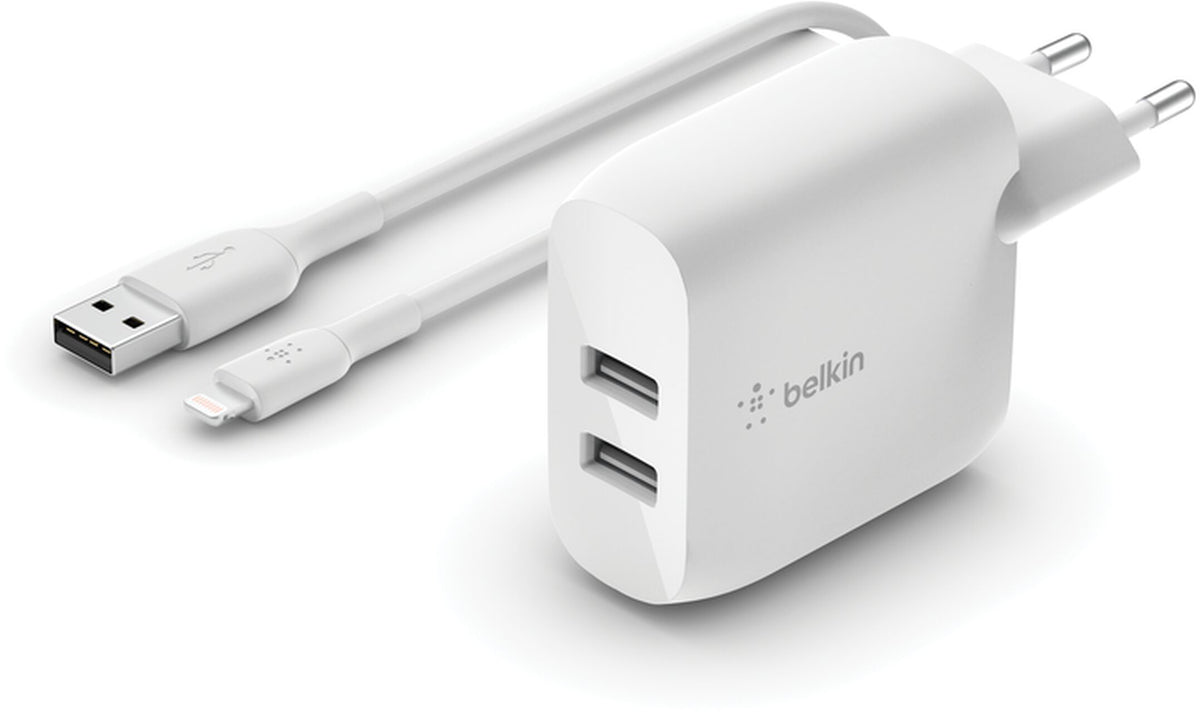 Incarcator Retea Cu Cablu USB-C Belkin BoostCharge Dual, 24W, 2.4A, 2 x USB-A, Alb WCE001vf1MWH