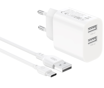 Incarcator Retea Cu Cablu USB-C XO Design CE55, 12W, 2.4A, 2 x USB-A, Alb