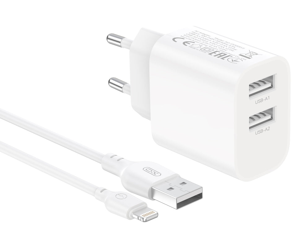 Incarcator Retea Cu Cablu Lightning XO Design CE55, 12W, 2.4A, 2 x USB-A, Alb