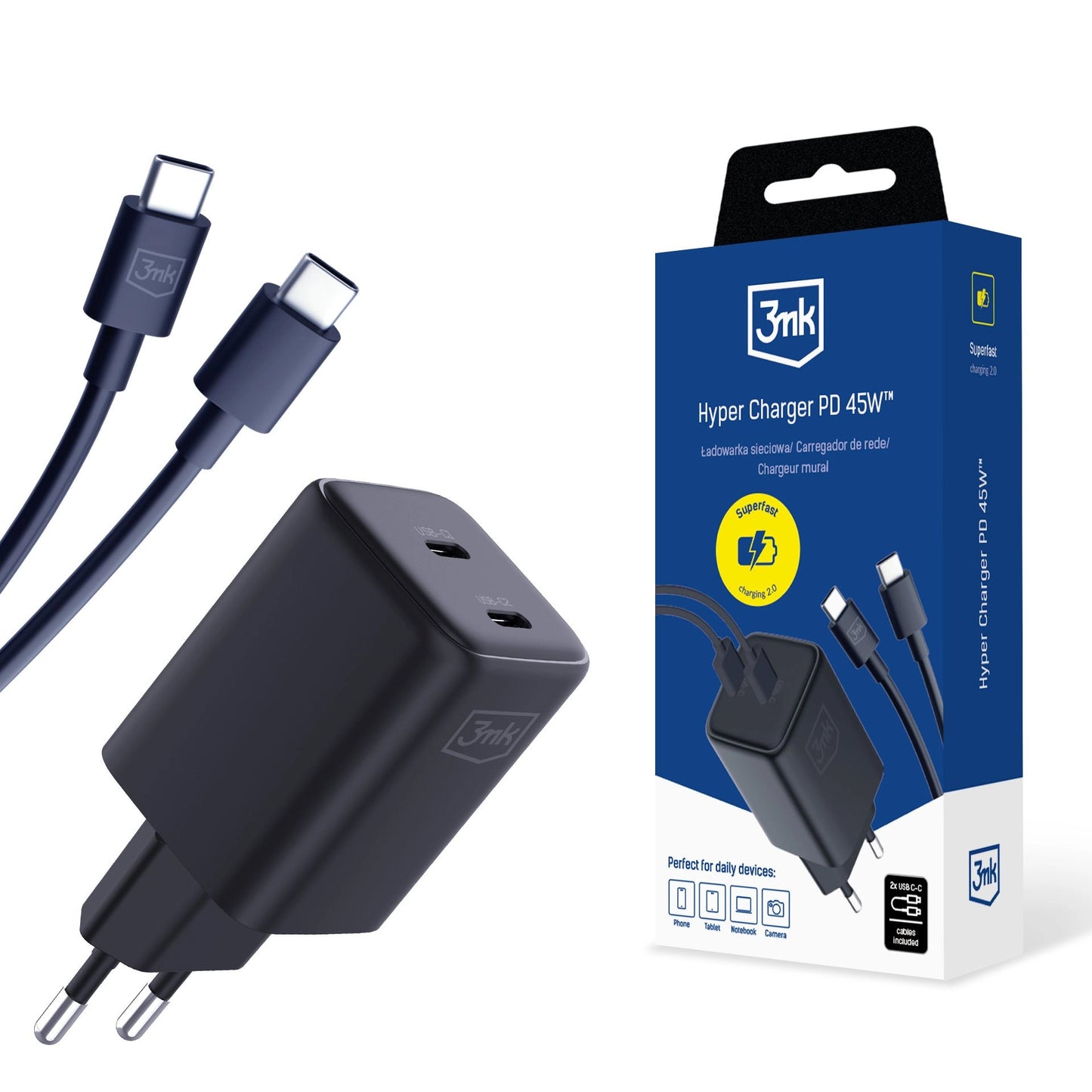 Incarcator Retea Cu Cablu USB-C 3MK HyperCharger, 45W, 3A, 2 x USB-C, Negru