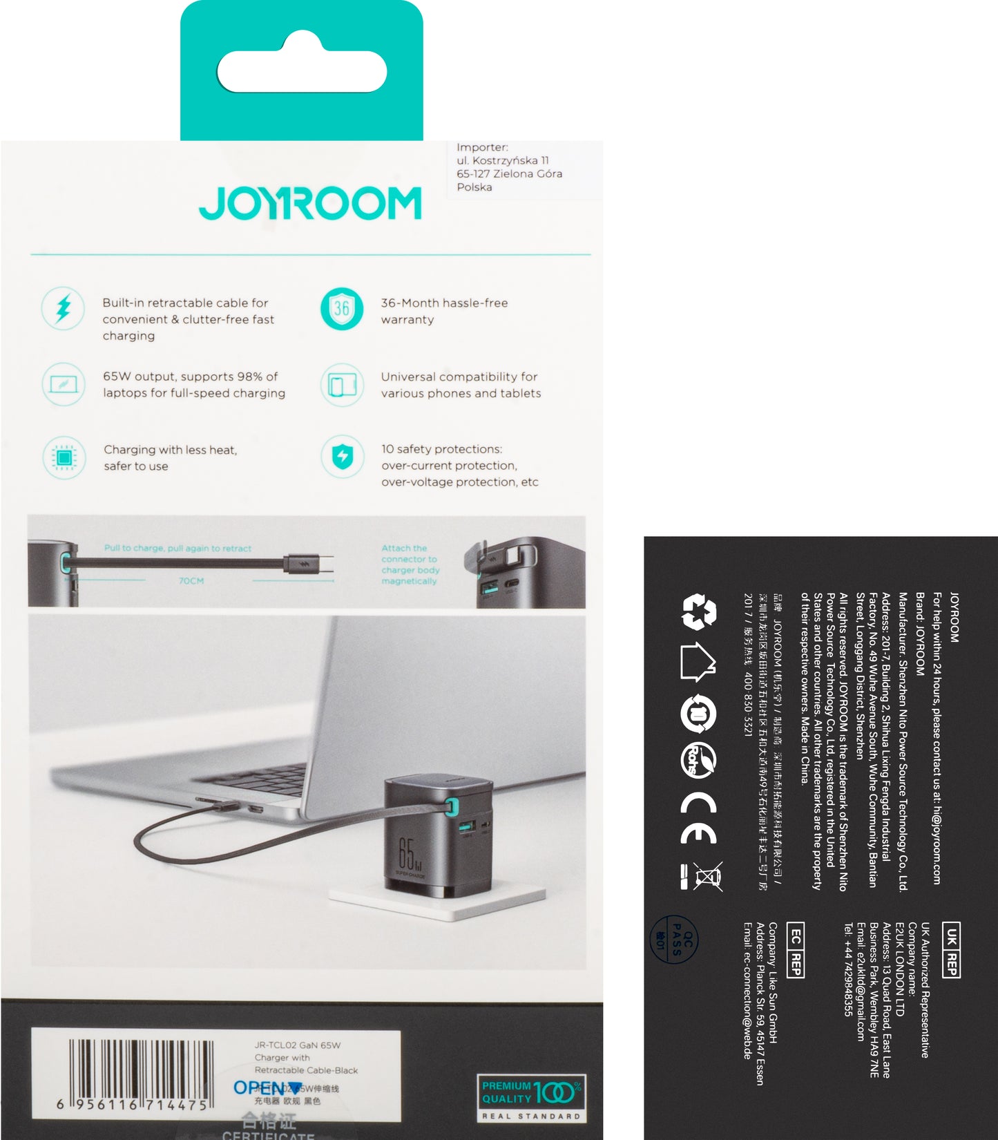 Ładowarka sieciowa Joyroom JR-TCL02 USB-C, 65W, 3A, 1 x USB-A - 1 x USB-C, czarna 