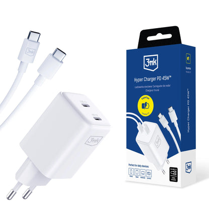 Incarcator Retea Cu Cablu USB-C 3MK HyperCharger, 45W, 3A, 2 x USB-C, Alb