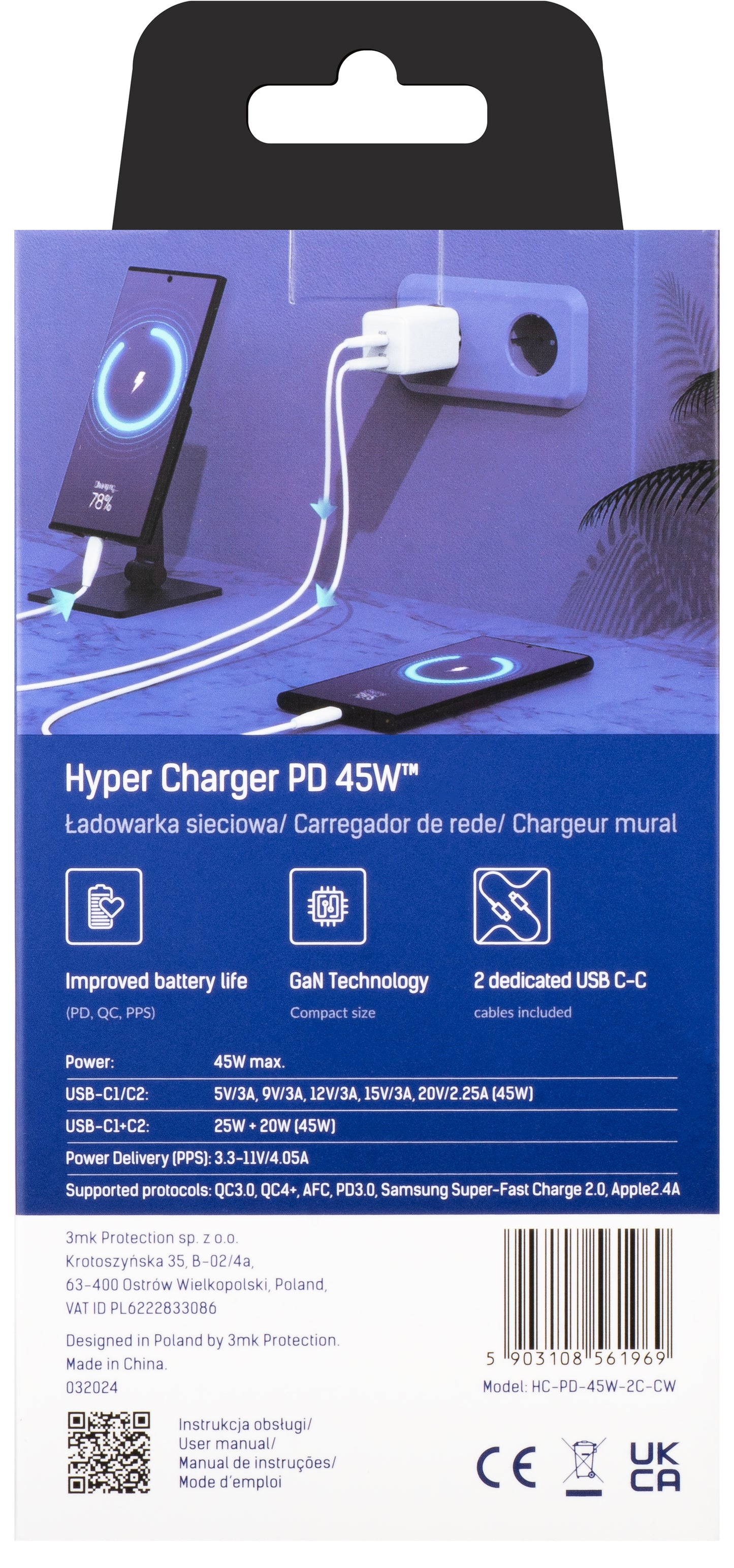 Incarcator Retea Cu Cablu USB-C 3MK HyperCharger, 45W, 3A, 2 x USB-C, Alb