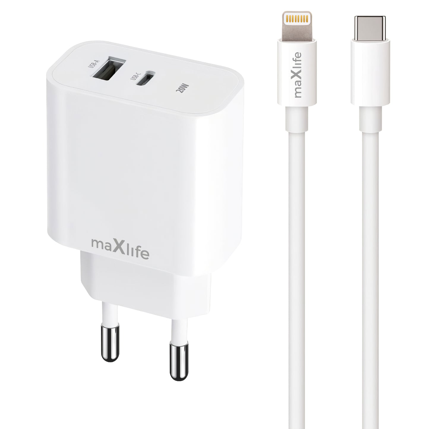 Ładowarka sieciowa MaXlife MXTC-06-20AC MaXlife MXTC-06-20AC z kablem Lightning, 20W, 3A, 1 x USB-A - 1 x USB-C, biała 