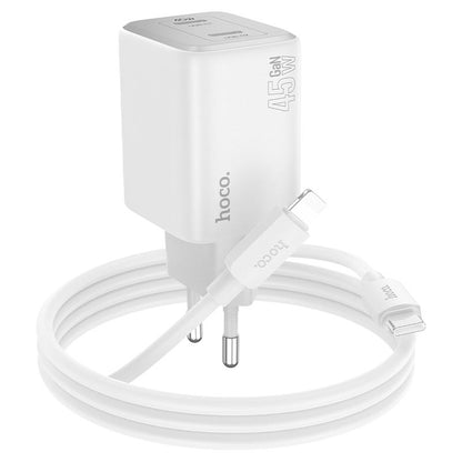 Incarcator Retea Cu Cablu Lightning HOCO N42, 45W, 3A, 2 x USB-C, Alb