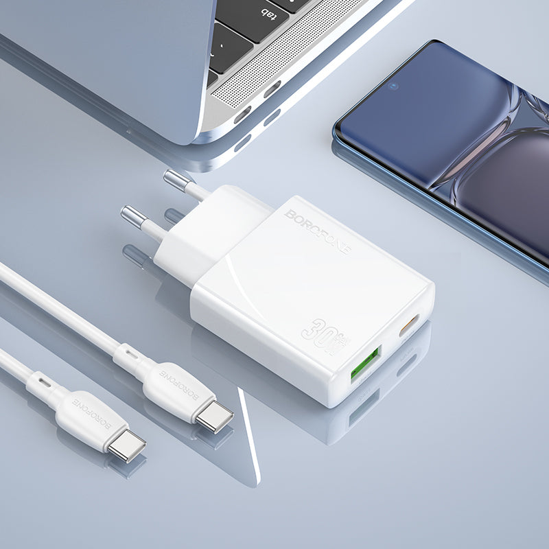 Ładowarka sieciowa z kablem USB-C Borofone BN25 Wish, 30W, 3A, 1 x USB-A - 1 x USB-C, biała 