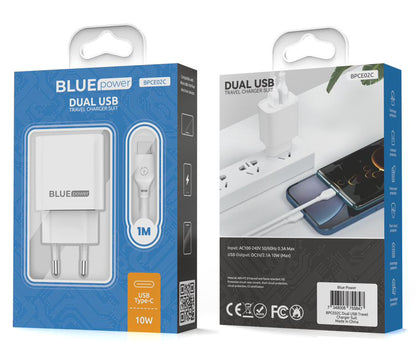 Incarcator Retea Cu Cablu USB-C Blue Power BPCE02C, 10.5W, 2.1A, 2 x USB-A, Alb