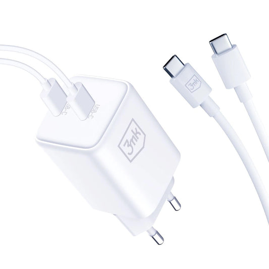 Network Charger with USB-C Cable 3MK HyperCharger, 45W, 3A, 2 x USB-C, White 