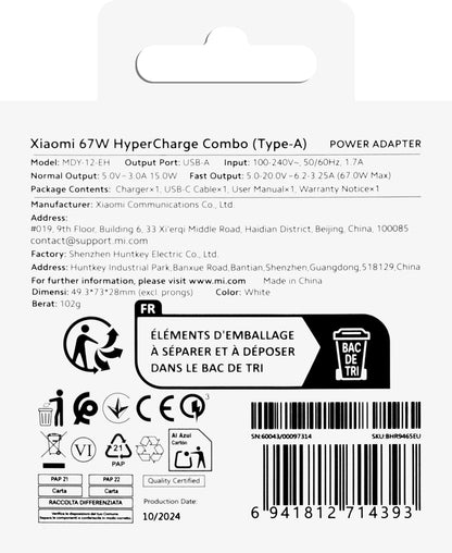 Incarcator Retea Cu Cablu USB-C Xiaomi, 67W, 6.2A, 1 x USB-A, Alb BHR9465EU