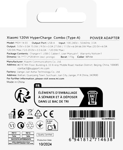 Incarcator Retea Cu Cablu USB-C Xiaomi, 120W, 6A, 1 x USB-A, Alb BHR9462EU