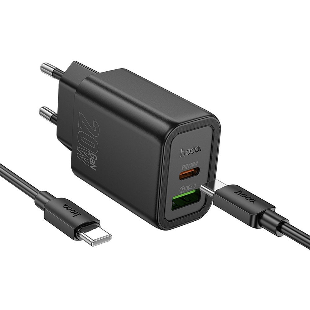 Incarcator Retea Cu Cablu Lightning HOCO N61, 20W, 3A, 1 x USB-A - 1 x USB-C, Negru