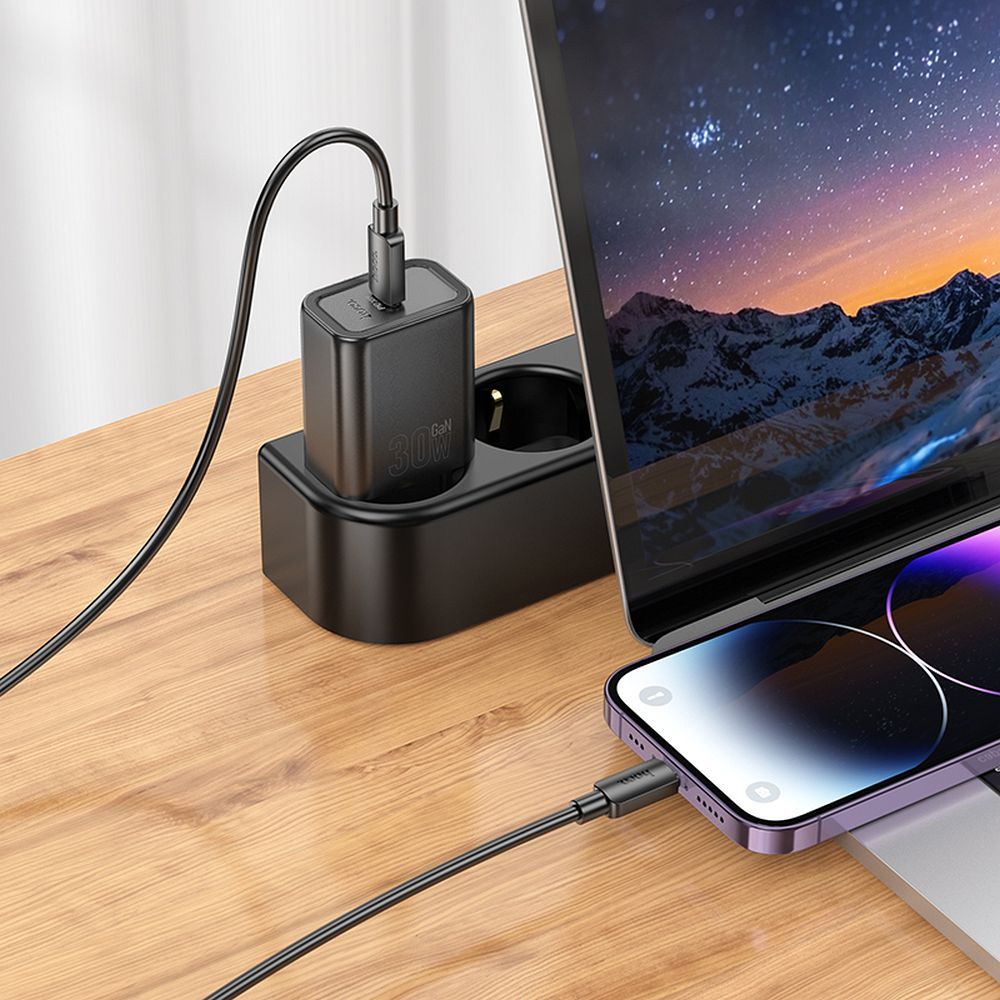 Incarcator Retea Cu Cablu Lightning HOCO N62, 30W, 3A, 1 x USB-C, Negru