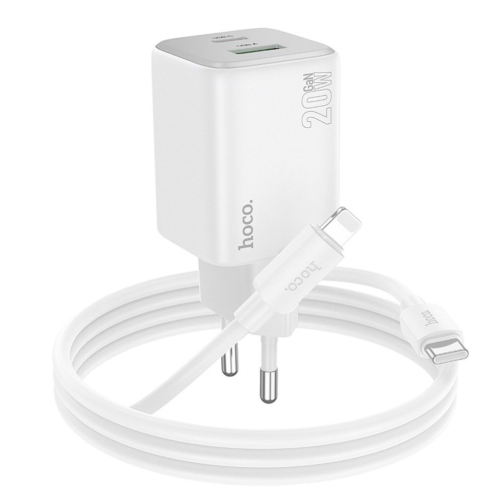 Incarcator Retea Cu Cablu Lightning HOCO N41, 20W, 3A, 1 x USB-A - 1 x USB-C, Alb